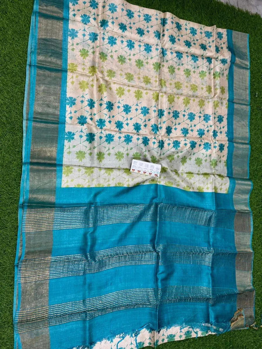 Pure handloom tussar silk zari border digital design printing with silk mark tag